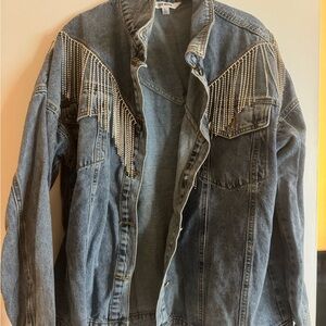Steve Madden Blue Denim Jacket with Rhinestone Fringe